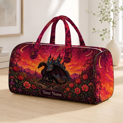 Black Dragon Castle Sunset Fantasy Floral Fairy Tale Travel Gift For Gothic Women Quilted Weekend Bag