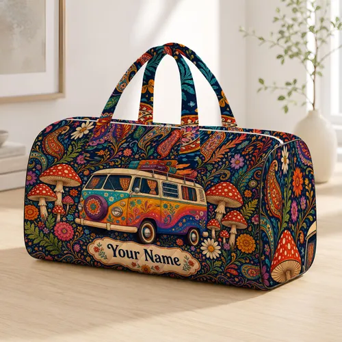 Rainbow Retro Camper Van With Mushrooms And Boho Florals For Vintage Road Trip Fans Quilted Weekend Bag