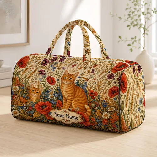 Orange Tabby Cats In Autumn Calico Poppies For Thanksgiving Travel And Cat Moms Gifts Quilted Weekend Bag
