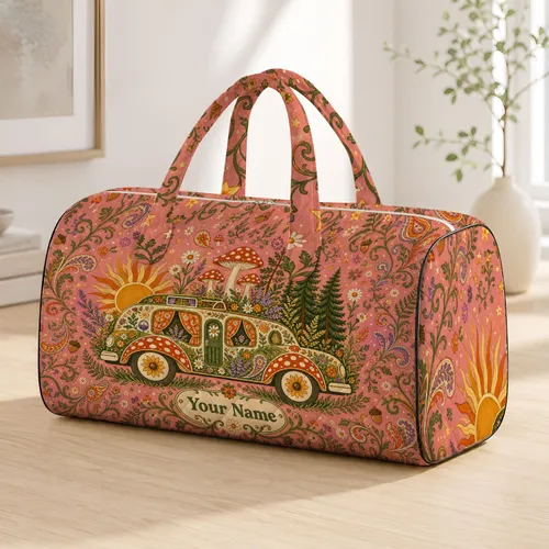 Pink Woodland Camper With Mushrooms And Sunflowers Retro Road Trip Gift For Vintage Fans Quilted Weekend Bag