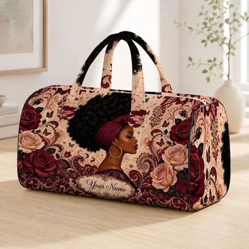Y2K Retro Afro Woman Portrait With Roses And Burgundy Script For Stylish Travel Gifts Quilted Weekend Bag