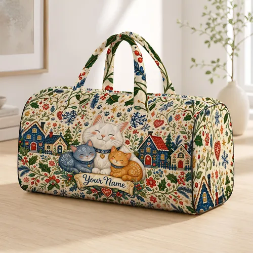 White Cat Family Folk Garden Christmas Travel Gift For Pet Lovers And Cat Moms Women Quilted Weekend Bag