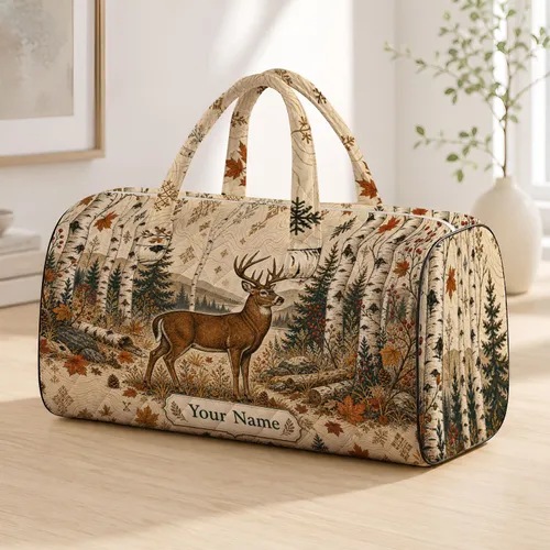Nordic Birch Forest Stag With Folk Woodland Motifs For Autumn Travel Nature Fans Quilted Weekend Bag