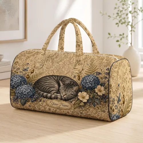 Sleeping Gray Tabby Cat With Hydrangeas And Roses For Cozy Retro Woodland Travel Quilted Weekend Bag