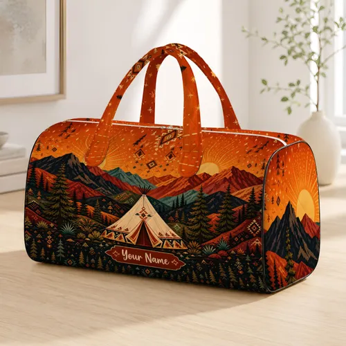 Southwestern Teepee Mountain Sunset Pine Scene For Road Trip Glamping Getaways Women Quilted Weekend Bag