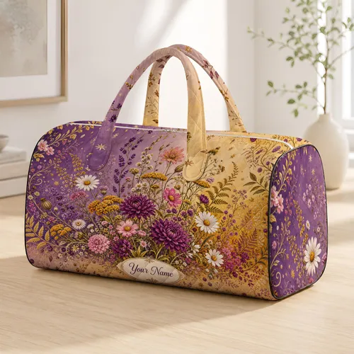 Lavender Gold Wildflower Monogram Floral Travel Style For Fall Winter Gifts For Her Quilted Weekend Bag