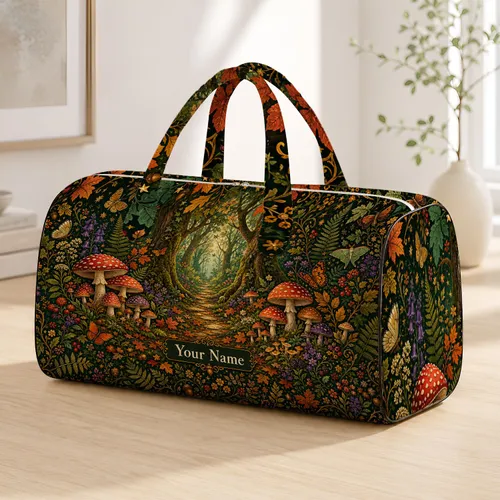 Enchanted Woodland Trail Mushrooms Butterflies Autumn Holiday Travel Gift For Women Quilted Weekend Bag
