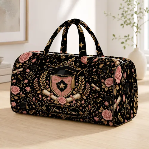 Blush Rose Vine Graduation Crest With Gold Diploma Accents For Class Of 2026 Gifts Quilted Weekend Bag