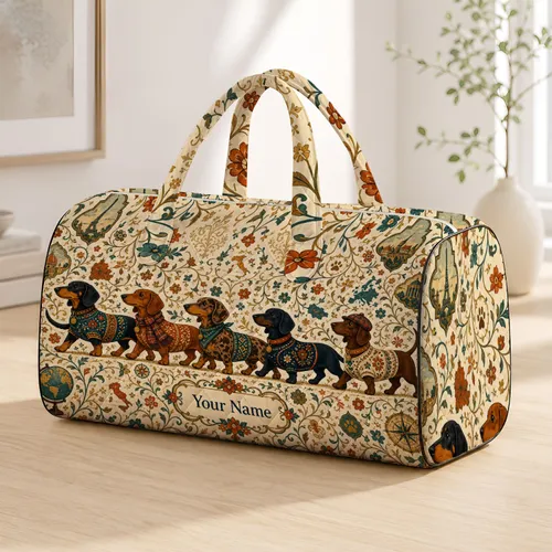 Elegant Dachshund Parade With Heritage Florals For Travel Days And Dog Lover Gift Quilted Weekend Bag