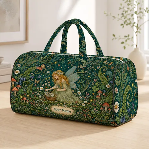Enchanted Woodland Fairy Garden With Daisies For Cottagecore Travel Gifts For Her Quilted Weekend Bag