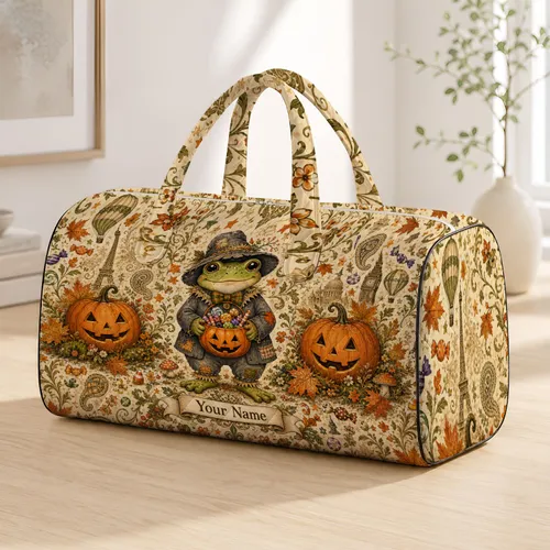 Green Frog With Jack O Lanterns And Candy Pail Halloween Autumn Travel Gift For Her Quilted Weekend Bag