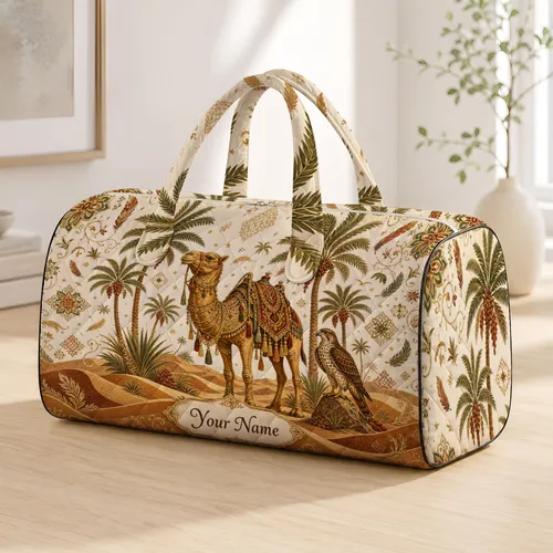 Golden Camel And Desert Hawk Oasis Scene For Arabian Travel Lovers With Name Cartouche Quilted Weekend Bag