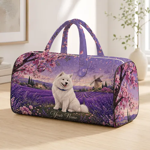 White Samoyed In Lavender Fields With Pink Blossoms For Spring Travel And Dog Moms Quilted Weekend Bag