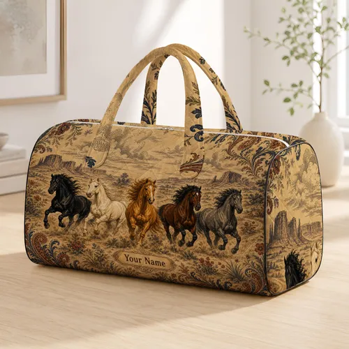 Vintage Khaki Galloping Horses Western Toile Travel Style For Equestrian Women Riders Quilted Weekend Bag