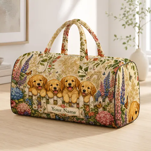 Golden Retriever Puppies Cottage Garden Floral Travel Accessory For Dog Moms Pet Lovers Quilted Weekend Bag