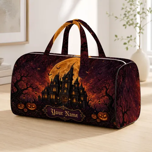 Haunted Gothic Manor Full Moon Pumpkins Bats Spooky Halloween Decor For Women Fans Quilted Weekend Bag