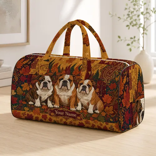 Three English Bulldogs Vintage Autumn Countryside Fall Travel Gift For Dog Lovers Quilted Weekend Bag