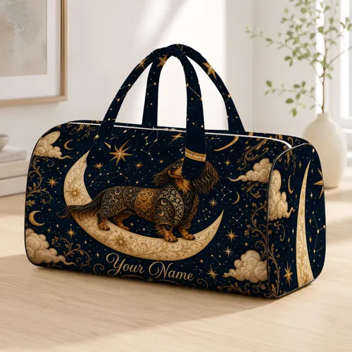 Celestial Dachshund On Crescent Moon Vintage Navy Stars Travel Gift For Dog Lovers Quilted Weekend Bag
