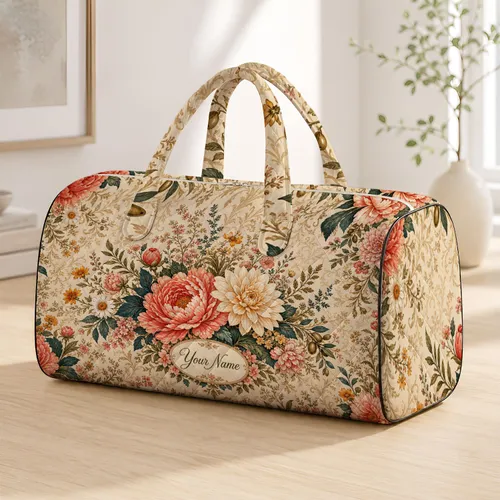 Vintage French Peony Dahlia Floral Cream Botanical Travel Commute Essential For Women Quilted Weekend Bag