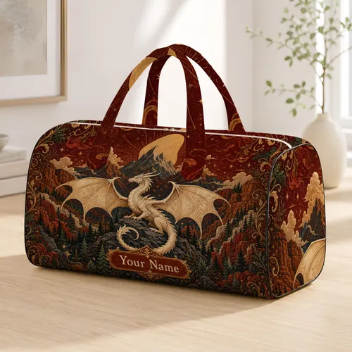 White Western Dragon Canyon Mountains Vintage Fantasy Travel Gift For Forest Lovers Quilted Weekend Bag