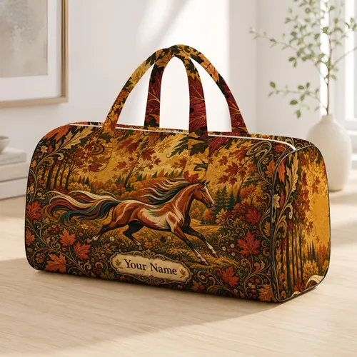 Autumn Forest Running Horse Retro Linocut Travel Gift For Rustic Equestrian Women Quilted Weekend Bag