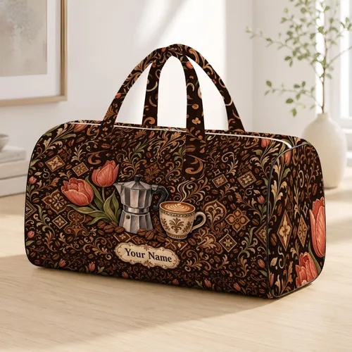 Chic Espresso Coffee Maker Tulips And Latte Cup For Café Lovers Daily Travel Outings Quilted Weekend Bag