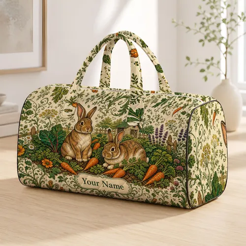 Brown Rabbits And Carrot Garden Folk Botanicals For Countryside Getaways Bunny Fans Quilted Weekend Bag
