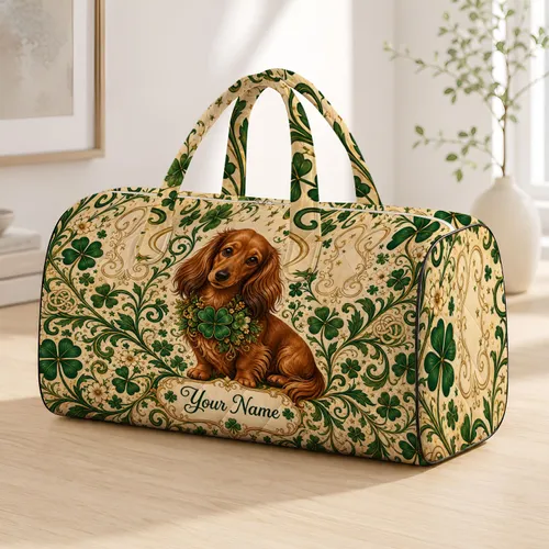 Long Haired Dachshund With Shamrocks For St Patrick's Day Travel And Dog Mom Style Quilted Weekend Bag