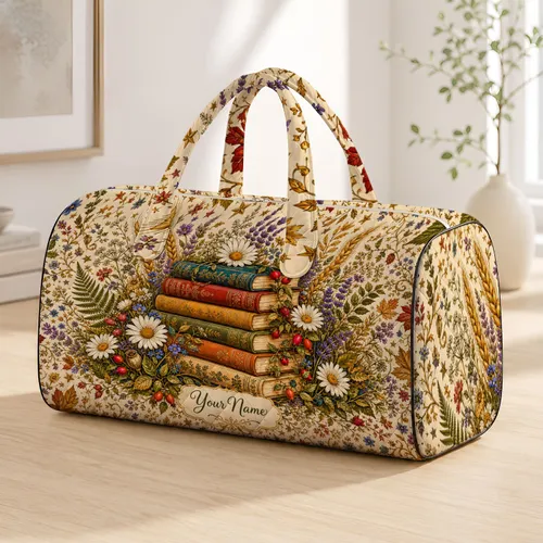 Vintage Books And Wildflower Meadow For Cozy Reading Retreats And Women Book Lovers Quilted Weekend Bag