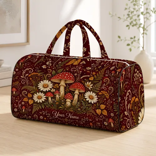 Wine Red Mushroom And Daisy Woodland Motif For Overnight Travel And Road Trips For Her Quilted Weekend Bag