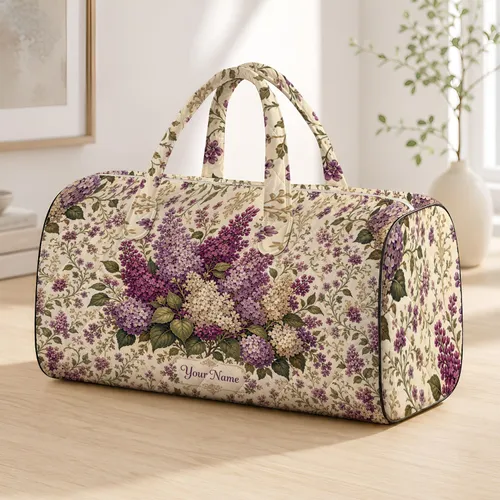 Cream Purple Lilac Botanical Floral Vintage Garden Travel Accessory Gift For Women Quilted Weekend Bag
