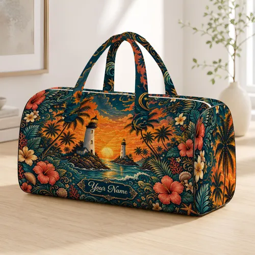 Tropical Lighthouse Sunset With Palms And Hibiscus For Coastal Travel Gifts For Women Quilted Weekend Bag