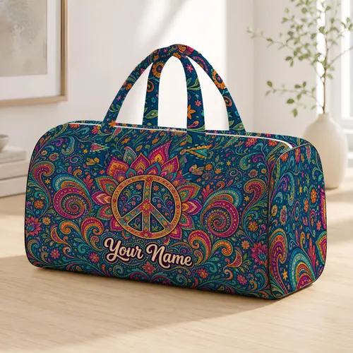 Psychedelic Peace Symbol Paisley Florals For Boho Chic Festival Travel Free Spirits Quilted Weekend Bag