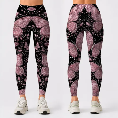 Blush Pink Butterfly Rhinestone Look On Black For Elegant Casual Nights And Events Leggings