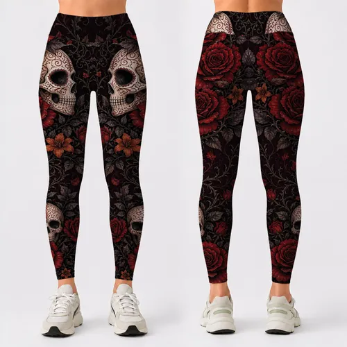 Gothic Sugar Skulls With Red Roses And Pumpkin Blossoms For Halloween Romance Style Leggings