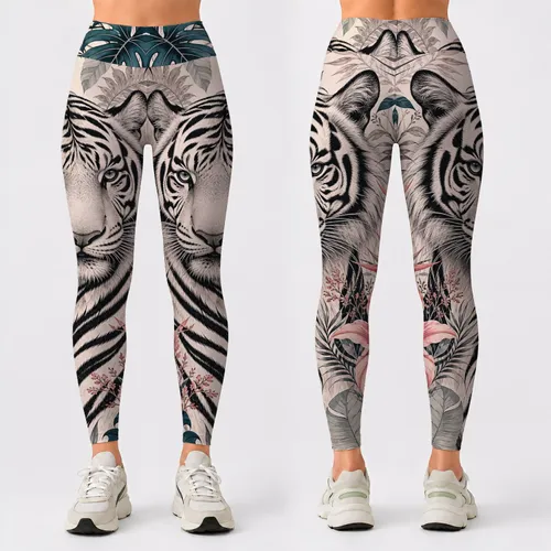 Black And White Tiger With Tropical Florals For Luxe Yoga Studio And Resort Style Leggings