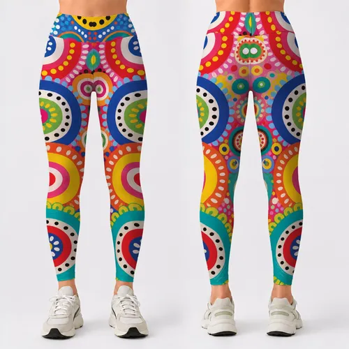 Candy Colored Concentric Circles And Confetti Dots For Festival Yoga And Dance Lovers Leggings