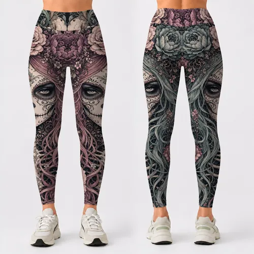 Sugar Skull Maiden With Gothic Roses And Bones For Dia De Los Muertos Festival Style Leggings