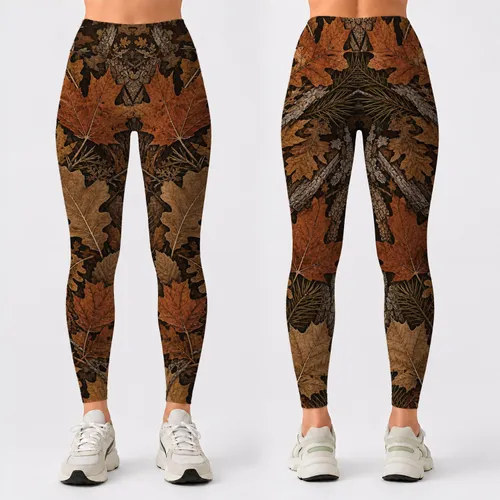 Woodland Camo Autumn Leaves And Bark Motifs For Outdoor Fitness, Yoga, And Hikes Leggings
