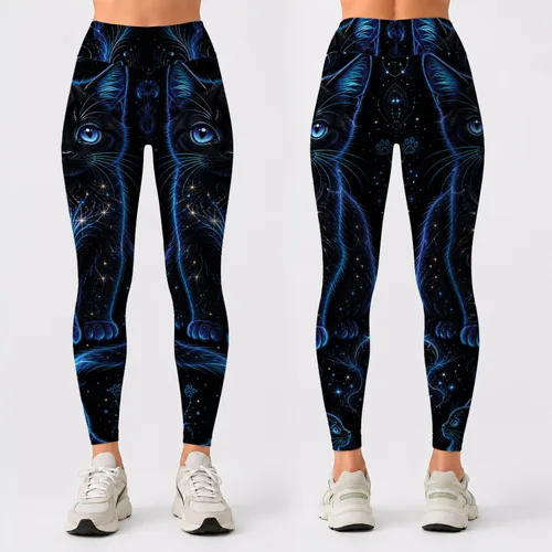 Neon Black Kitten With Sapphire Eyes For Cyber Goth Yoga And Festival Cat Lovers Leggings