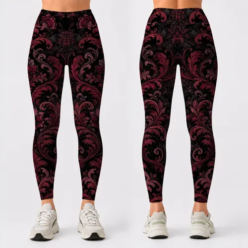 Crimson Gothic Baroque Damask Florals For Dark Academia Evenings And Plus Size Style Leggings