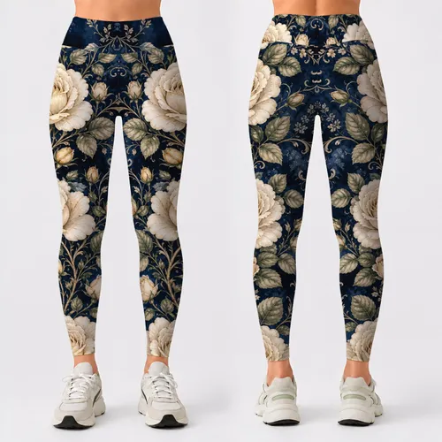 Ivory Rose Botanical Garland On Midnight Indigo For Romantic Everyday Style Lovers Leggings