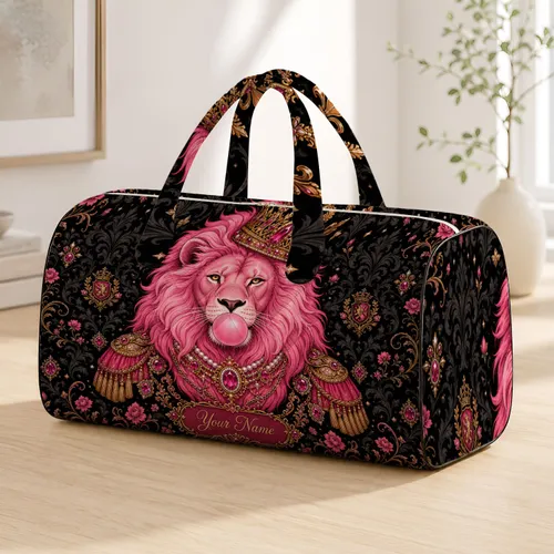 Royal Pink Bubblegum Lion With Crown And Gold Jewels For Bold Holiday Travel Style Quilted Weekend Bag