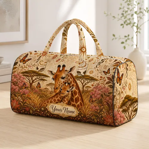 Giraffe Mother Calf Acacia Savannah Floral Wildlife Travel Gift For Animal Lovers Quilted Weekend Bag
