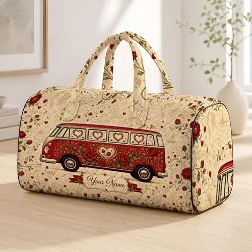 Vintage Red Travel Bus With Roses And Hearts Retro Valentine Getaway Gift For Her Quilted Weekend Bag