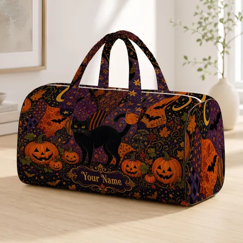 Black Cat Pumpkins Bats Halloween Travel Decor For October Getaways And Fall Lovers Quilted Weekend Bag