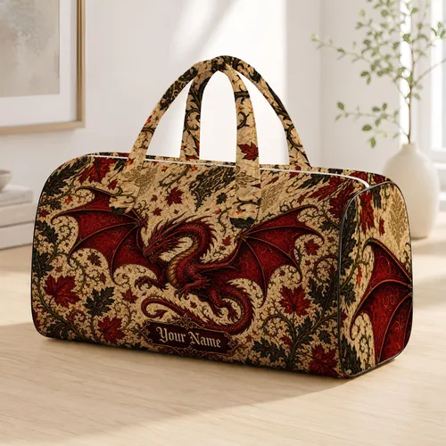 Crimson Flying Dragon With Autumn Maple Leaves Gothic Fantasy Travel Gift For Her Quilted Weekend Bag