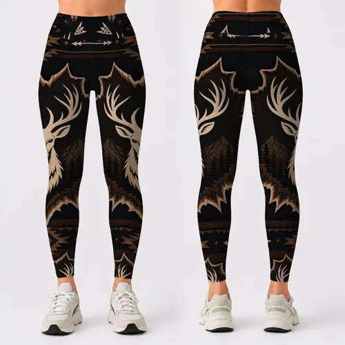 Cream Deer Antler Medallion Western Woodland Rustic Ranch Style For Country Women Leggings