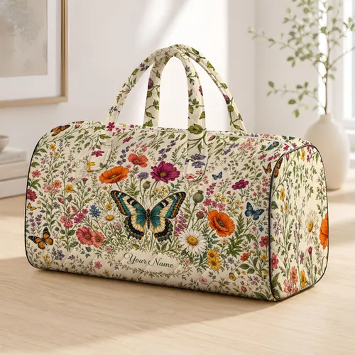 Teal Butterfly Wildflower Meadow Ivory Floral Travel Accessory For Garden Lovers Quilted Weekend Bag