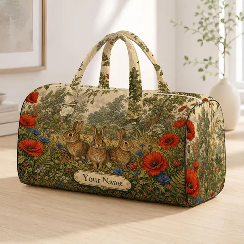Vintage Rabbits And Red Poppies Meadow With Name Plaque For Countryside Getaways Quilted Weekend Bag